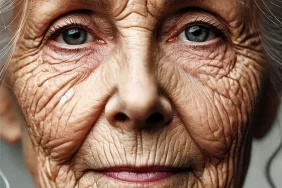 DALL·E 2024-10-25 23.11.36 - A close-up, highly realistic photograph of an elderly woman’s wrinkled face, showing the fine lines, age spots, and texture of her skin in natural lig